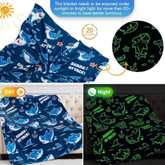 Jekeno Shark Toys Gifts for Boys Girls - Glow in The Dark Blanket Blue 50"x60" - Picture 2 of 5